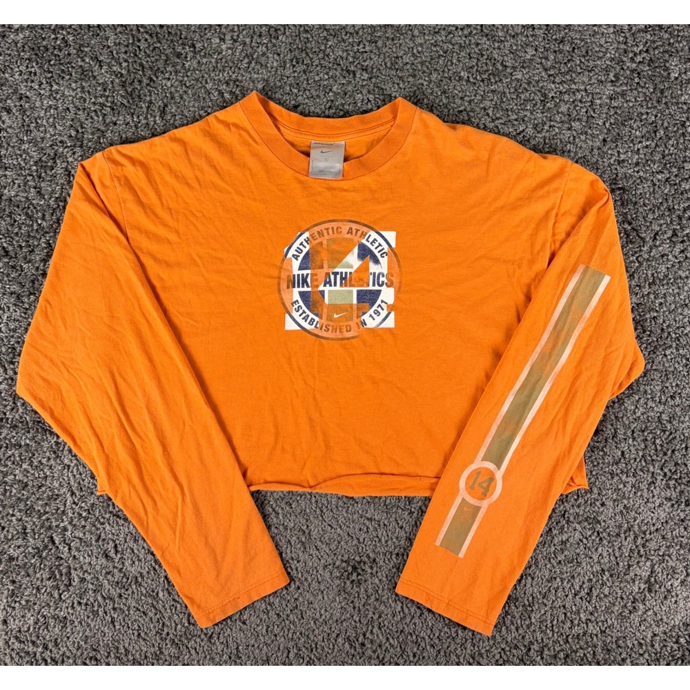 Nike Athletics Vintage Y2K Cropped Long Sleeve T-Shirt Orange Made in USA Large